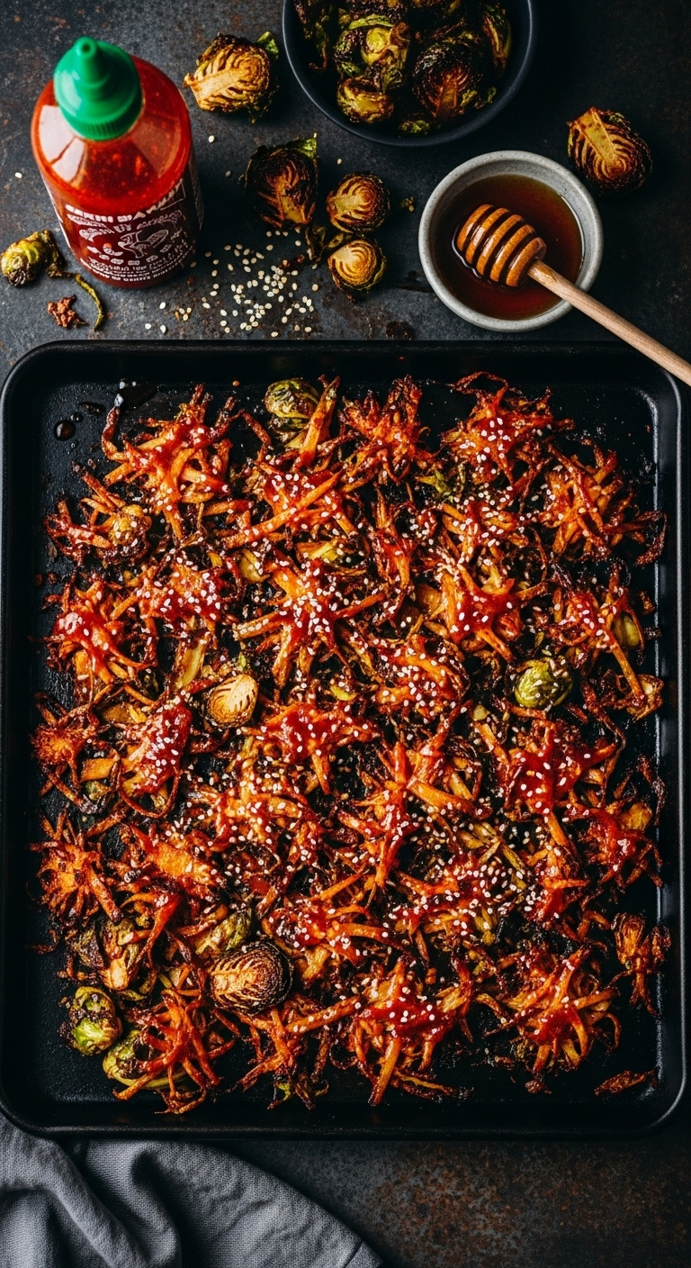 Honey Sriracha Roasted Shredded Brussels Sprouts With Glossy Glaze On A Dark Baking Sheet With Sriracha And Honey