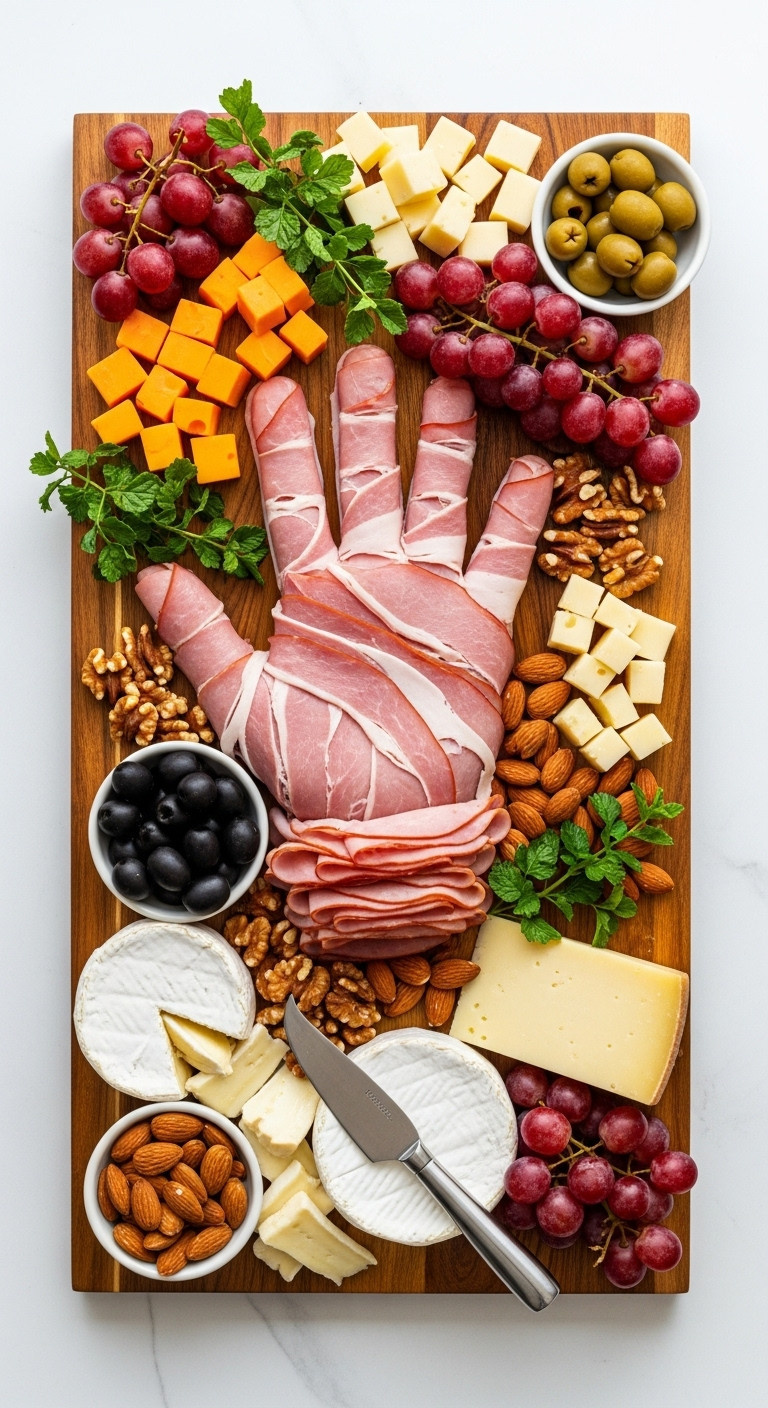 Horrible Hand Ham And Cheese Board With Deli Ham Cheese Olives Nuts And Fruit On An Acacia Wood Plank
