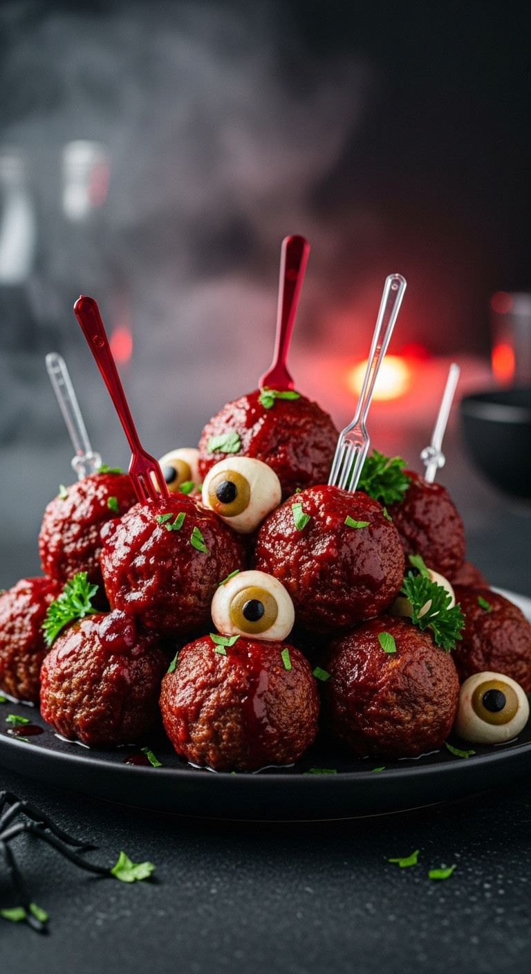 Horrifying Bloody Meatballs With Mozzarella Eyeballs, Dark Red Sauce, On A Ceramic Platter With Halloween Party Decor; Eerie Appetizer.