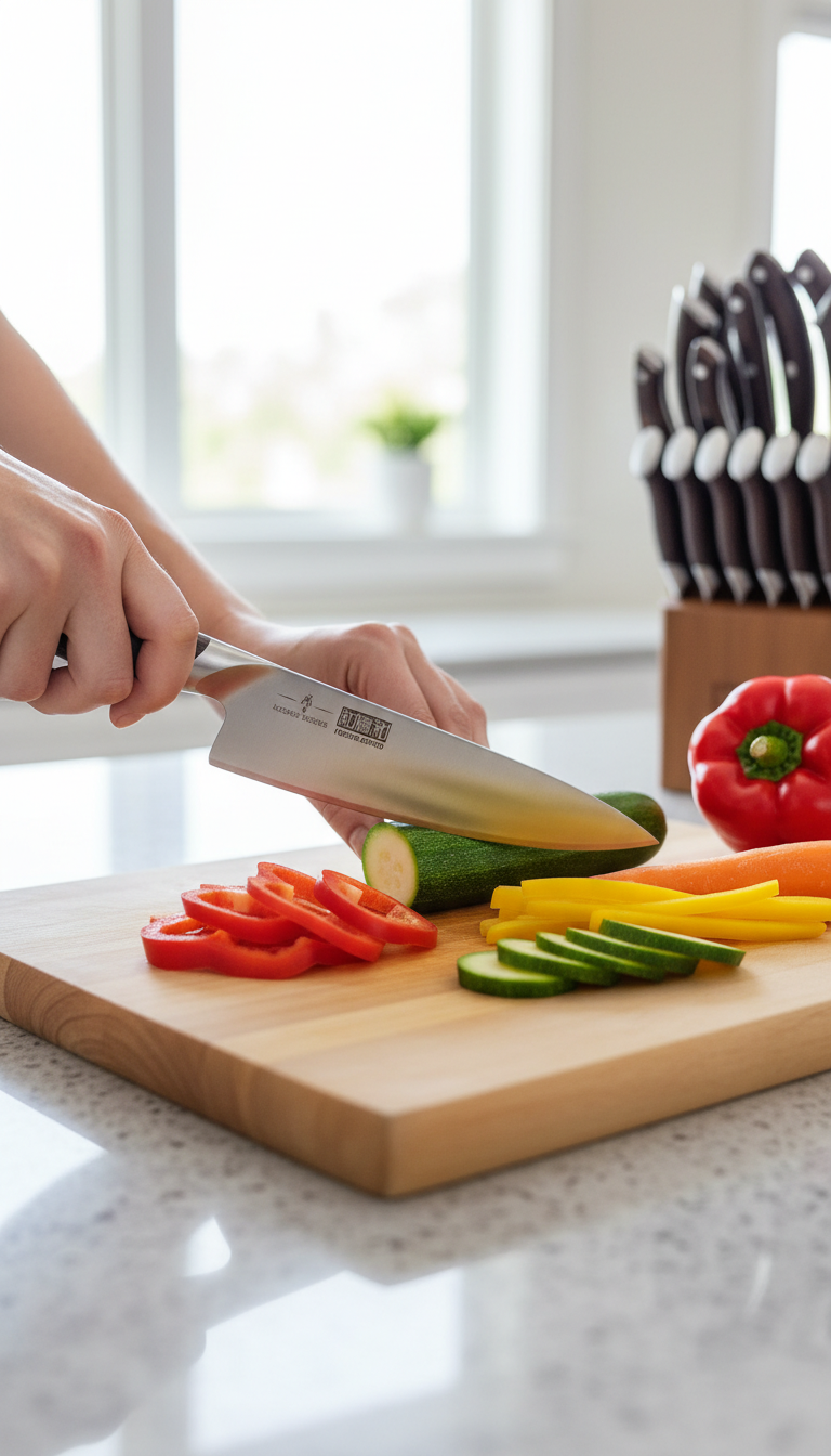 Hoshanho Knives On A Cutting Board With Chopped Vegetables, Demonstrating Active Use.
