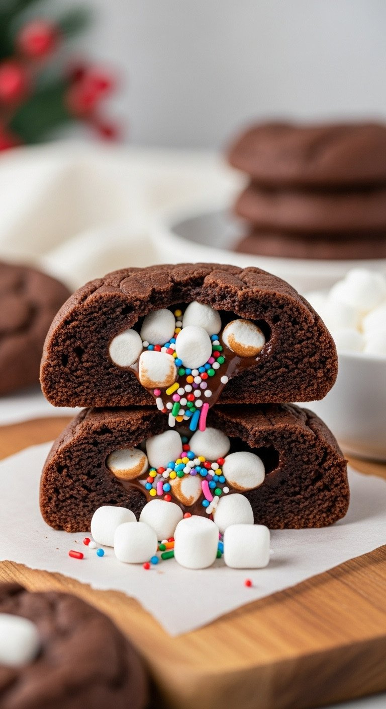 Hot Chocolate Surprise Inside Cookie Broken Open, Revealing Mini Marshmallows &Amp; Colorful Sprinkles, Festive Dessert.