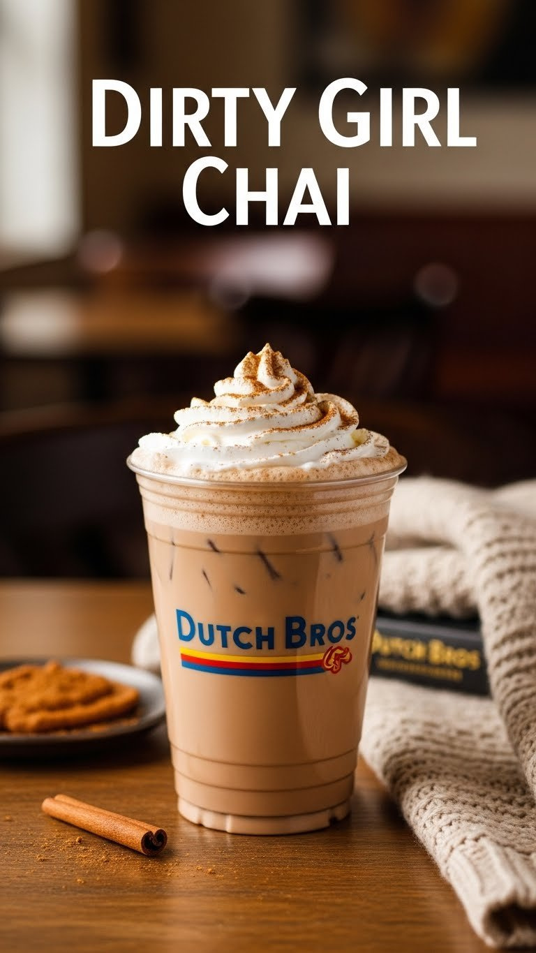 Hot Dirty Girl Chai With Whipped Cream And Cinnamon Dusting In Branded Cup On Rustic Wooden Table