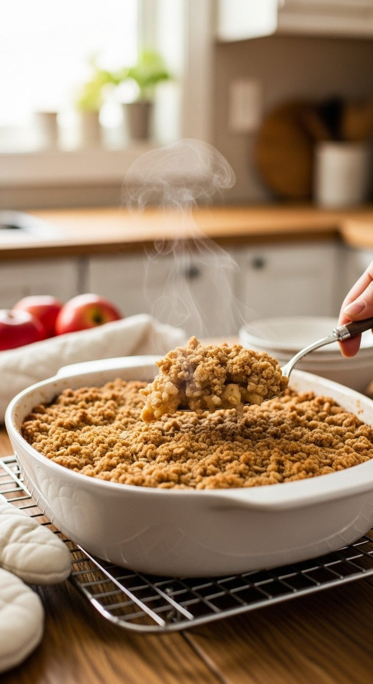 Hot, Bubbling Golden-Brown Apple Crisp With Steam, In White Ceramic Dish On Rustic Wood. Fresh Baked Dessert.