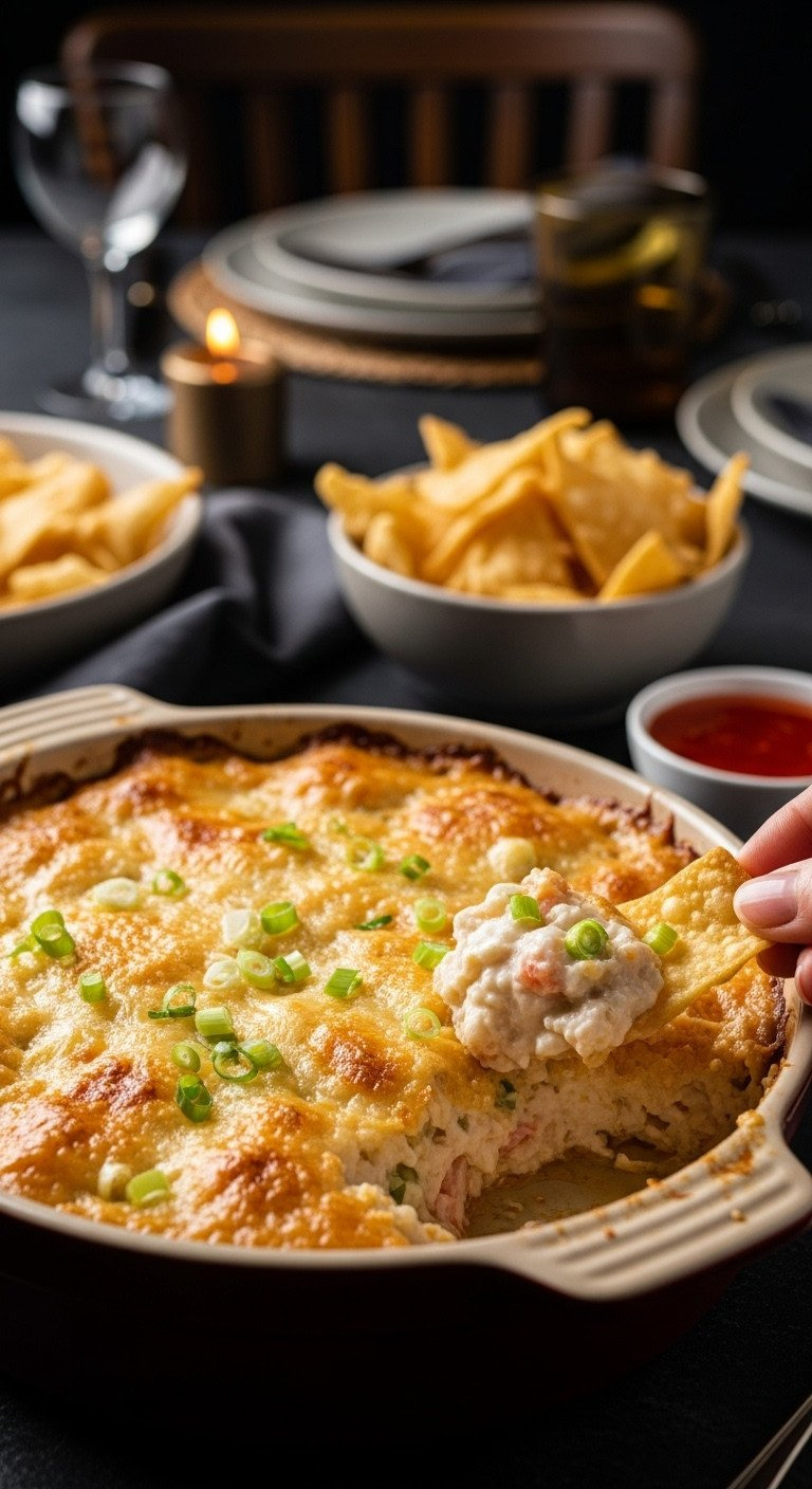 Hot, Bubbly Baked Crab Rangoon Dip With Green Onion. Wonton Chip Scooping Creamy Appetizer. Sweet Chili Sauce. Party Food.
