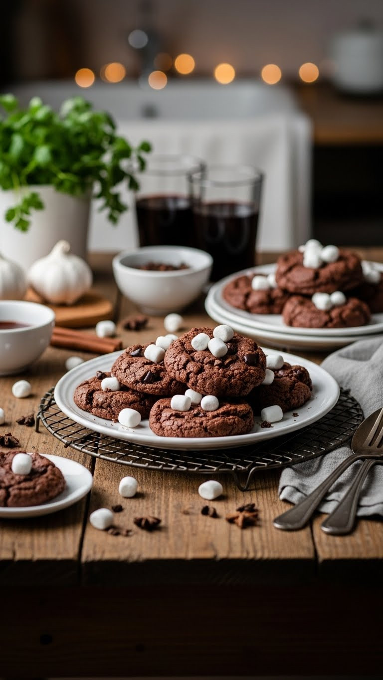 Hot Chocolate Cookies On Rustic Wooden Table