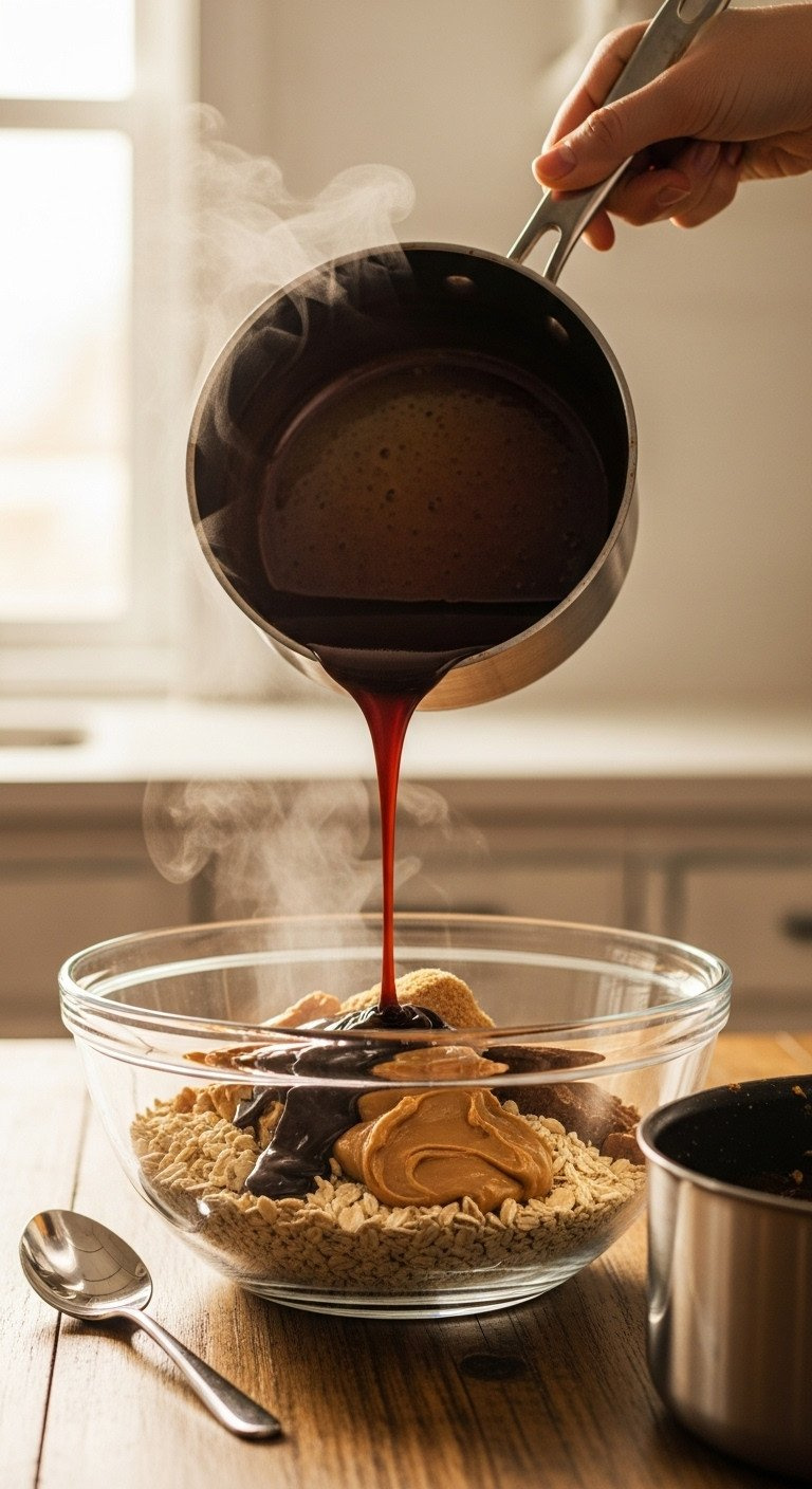 Hot Chocolate Syrup Pours Into A Glass Bowl Of Oats And Peanut Butter On A Rustic Wooden Table, Steam Rising. No-Bake Cookie Mixture.