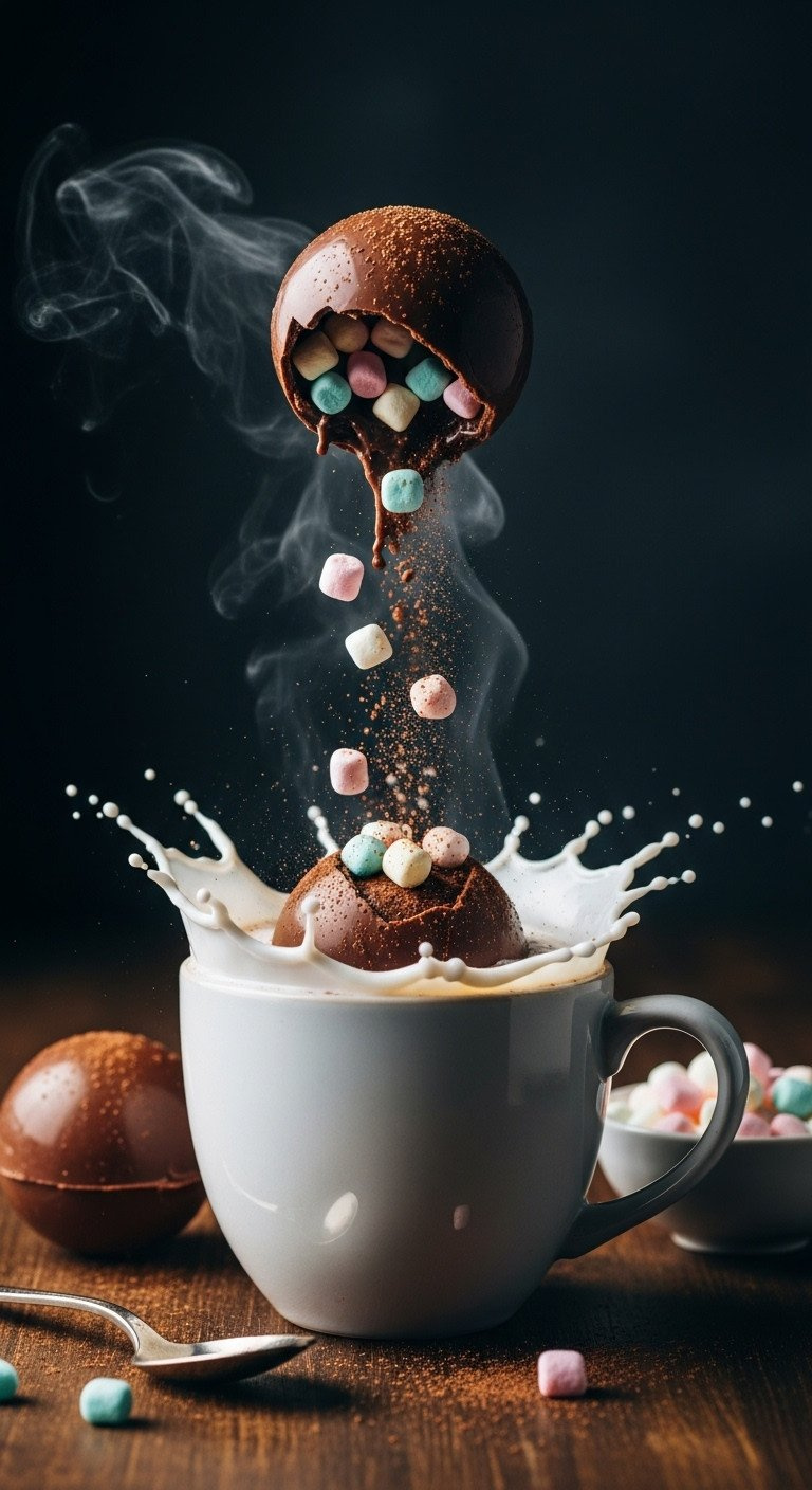 Hot Cocoa Bomb Dissolving In Steaming Milk, Releasing Cocoa And Mini Marshmallows. Cozy Winter Drink.