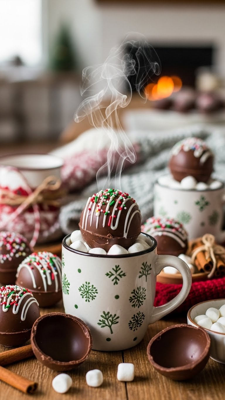 Hot Cocoa Bombs Bursting Open In Steaming Mugs With Marshmallows And Steam Rising In A Cozy Festive Kitchen Setting
