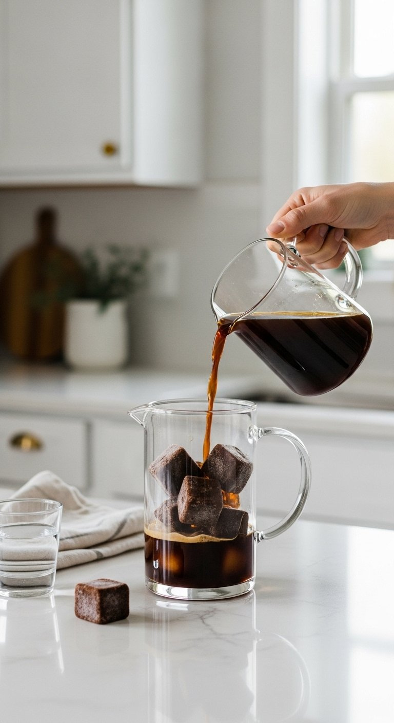 Hot Coffee Being Poured Over Coffee Ice Cubes In A Heat-Safe Glass Pitcher On A Modern Counter.