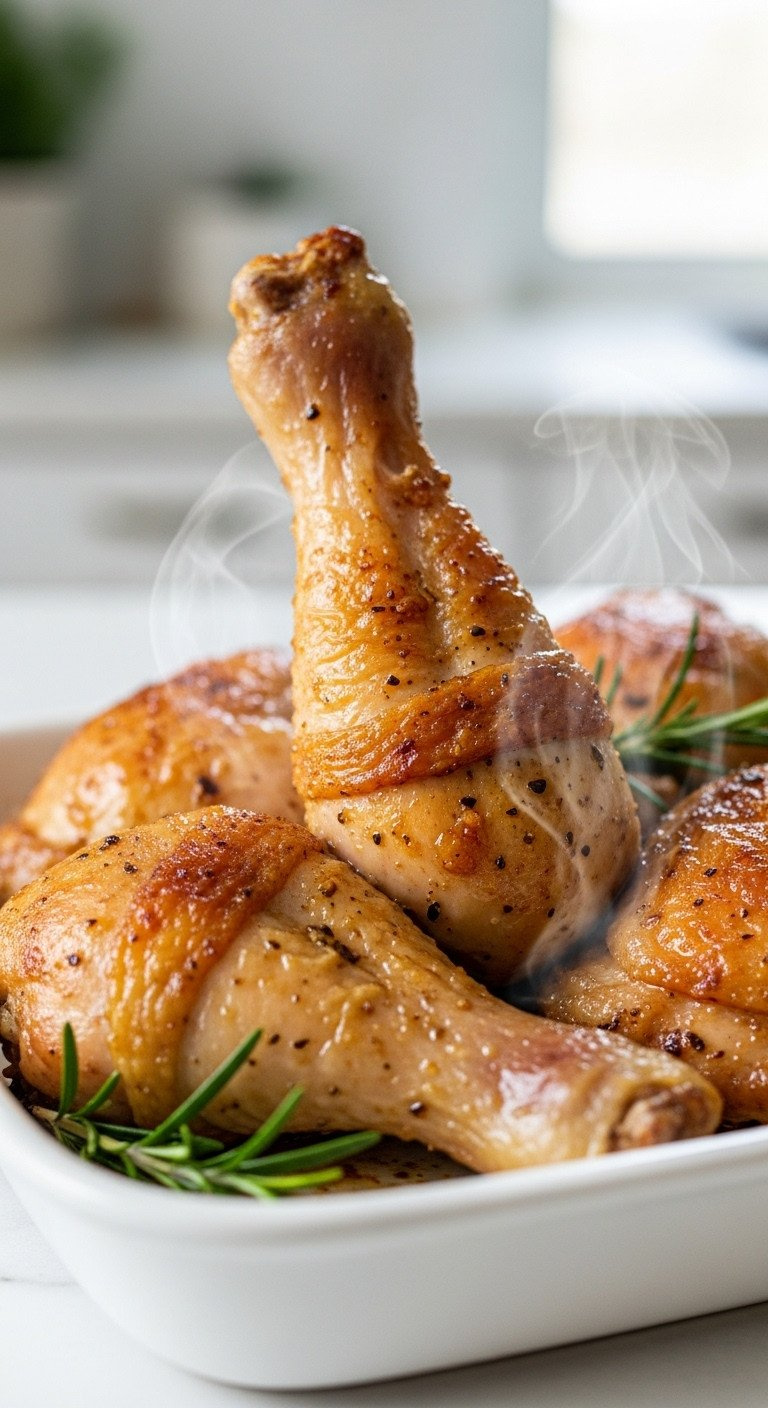 Hot, Crisp, Golden Brown Chicken Drumsticks, Fresh From Oven. Steaming, With Rosemary On White Platter. Bright Light.