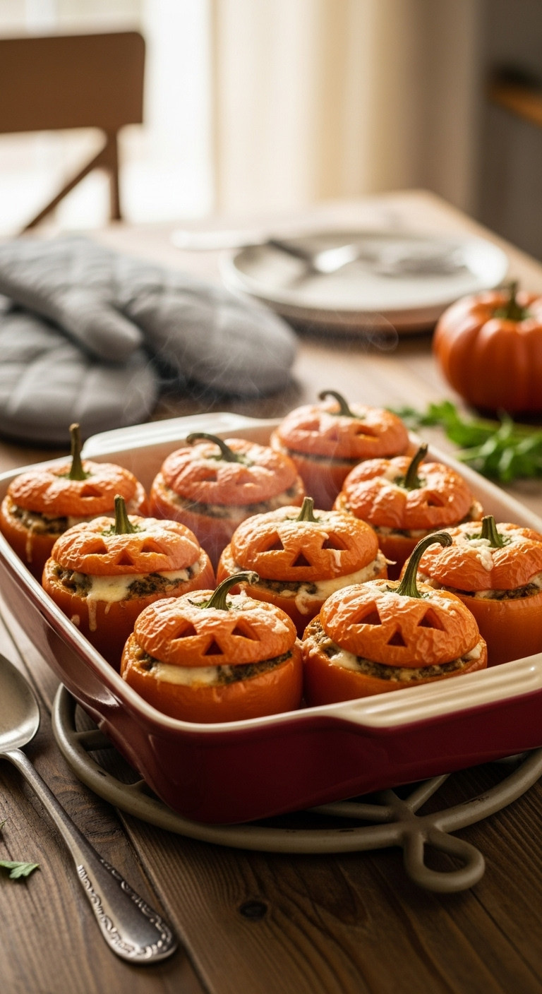 Hot Golden-Brown Jack-O'-Lantern Stuffed Peppers In A Ceramic Baking Dish, Fresh From The Oven, For Halloween Dinner.