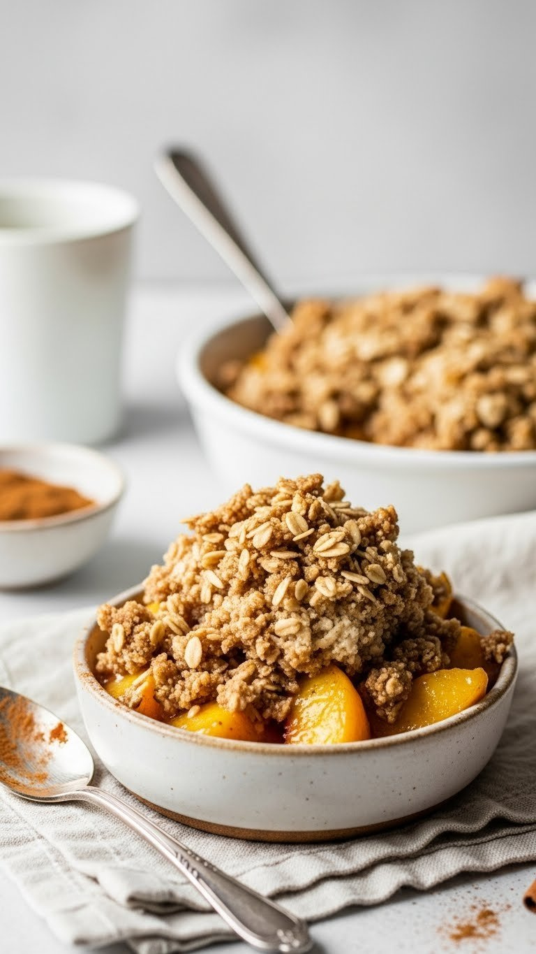 Hot, Gooey Simple Peach Crisp With A Crispy Oat And Brown Sugar Topping Over Tender Peaches In A Rustic Bowl, Dusted With Cinnamon, Warm Dessert.