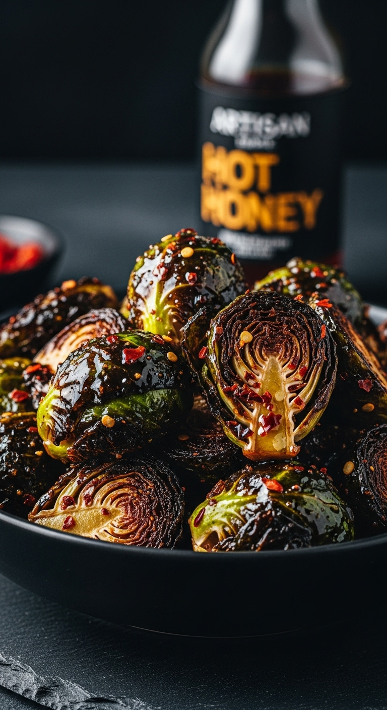 Hot Honey Brussels Sprouts With Red Pepper Flakes In A Dark Bowl On A Slate Background With Dramatic Lighting