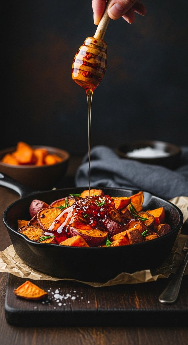 Hot Honey Drizzled Over Crispy Roasted Sweet Potatoes And Carrots In A Cast Iron Skillet. Sweet Heat Side Dish For Dinner.