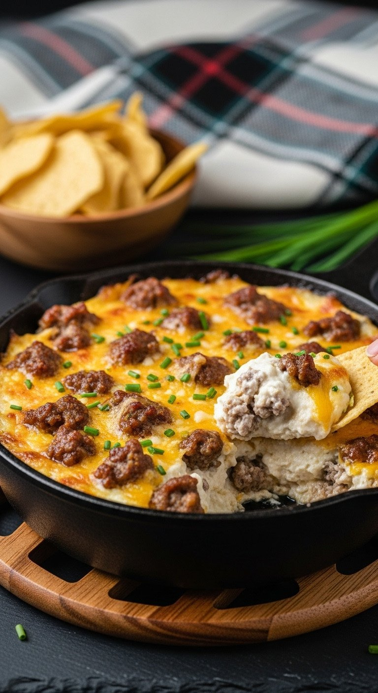 Hot Sausage Cream Cheese Dip In Cast Iron Skillet, Bubbly With Melted Cheese &Amp; Chives. Tortilla Chip Scooping Savory Party Appetizer.