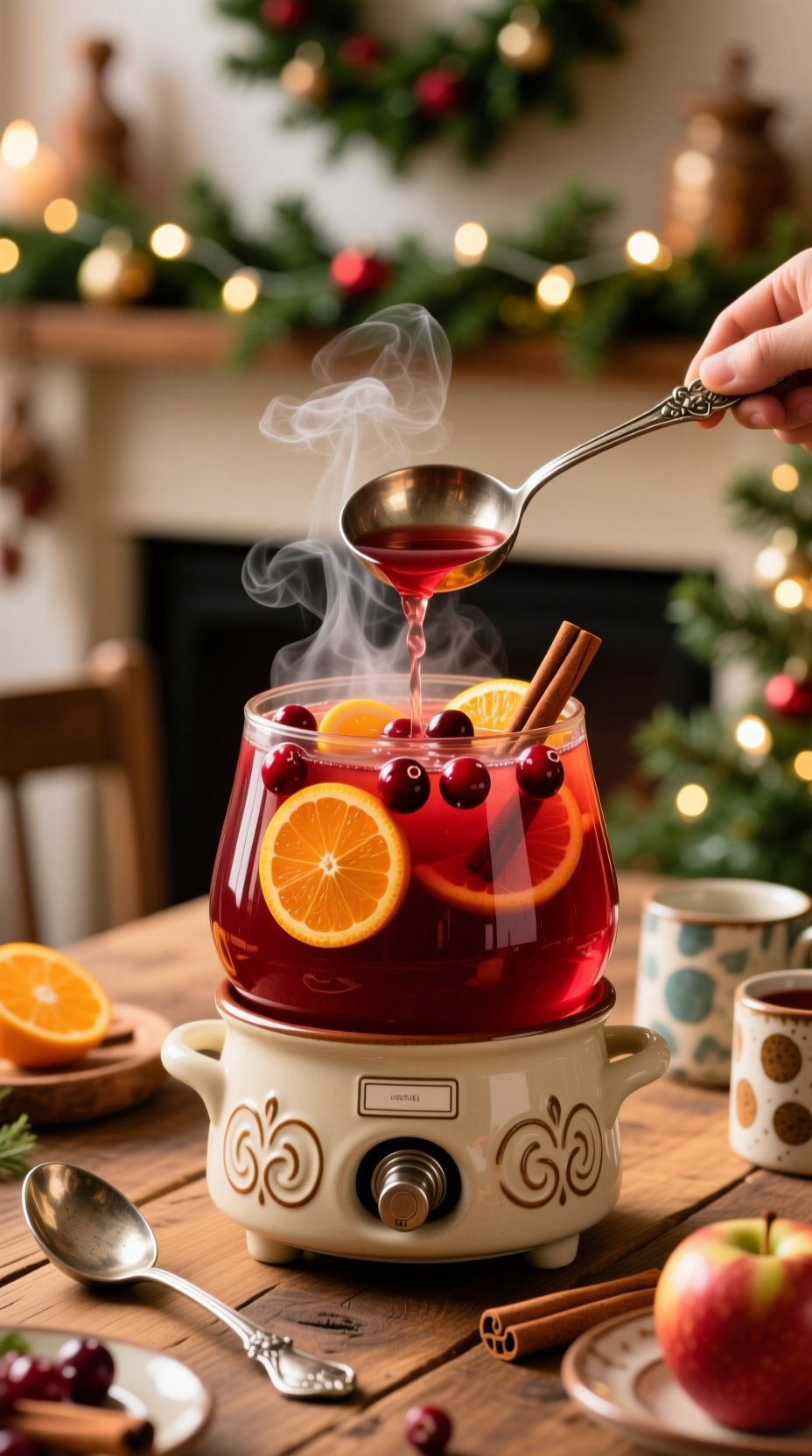 Hot Spiced Cranberry Apple Punch Ladled From A Slow Cooker Warmer, With Orange Slices, Cranberries, And Cinnamon Sticks.