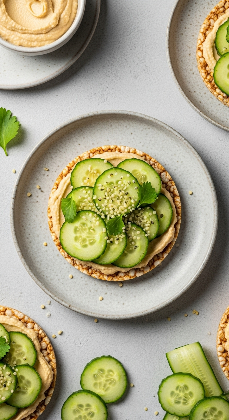 Hummus And Cucumber Crunch Rice Cake With Hemp Hearts On A Ceramic Plate With A Bowl Of Hummus And Cucumber Ribbons