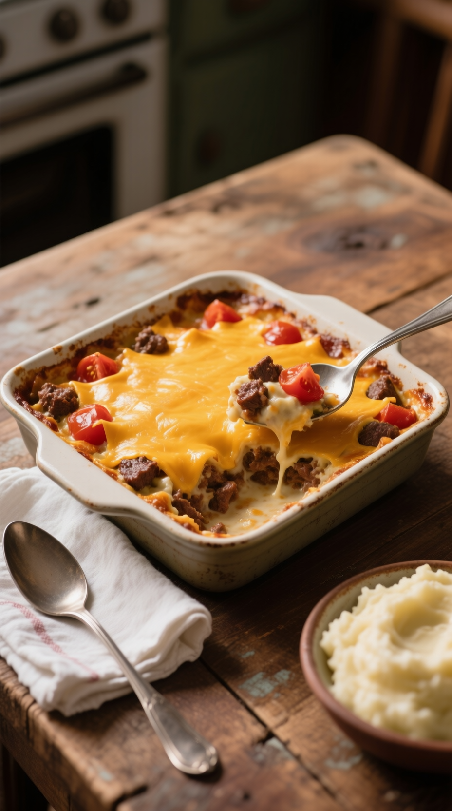 Hyperrealistic Dolly Parton's 5-Ingredient Casserole With Melted Cheddar Cheese Chunky Tomato Beef Mixture Serving Spoon Napkin And Mashed Potatoes