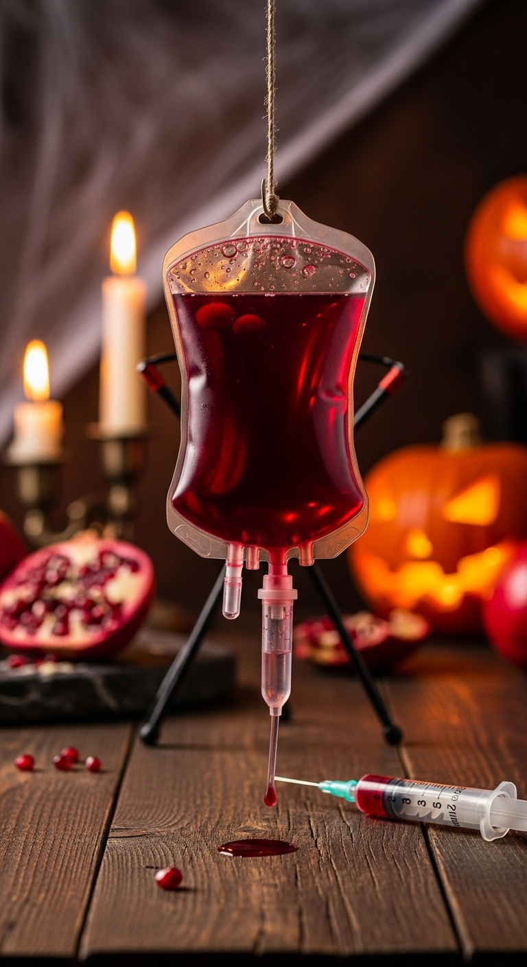 Hyperrealistic Halloween Iv Blood Bag Drink On A Spooky Party Table With Pomegranate Cocktail Syringe And Cobwebs Perfect For Recipes