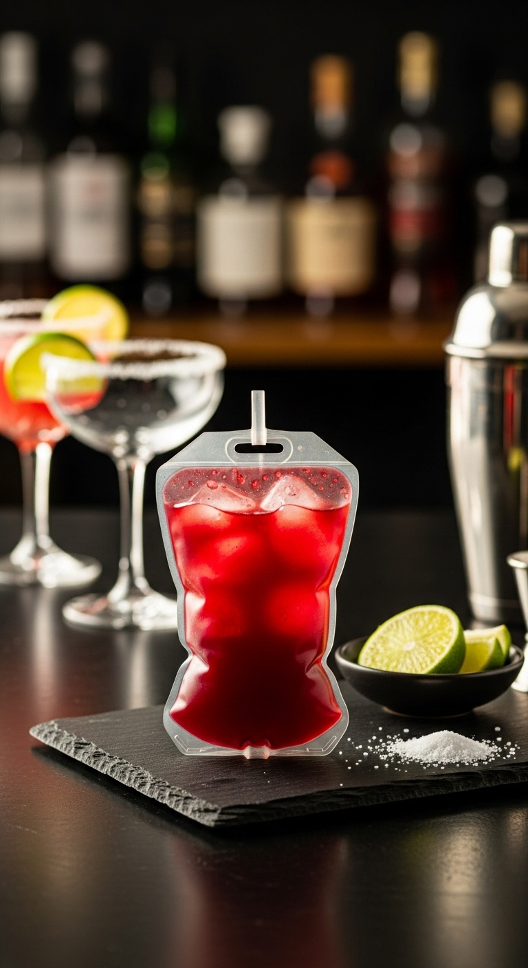 Hyperrealistic Halloween Iv Blood Bag Margarita Cocktail At A Stylish Bar With Lime Wedges And Salt Perfect For Spooky Recipes