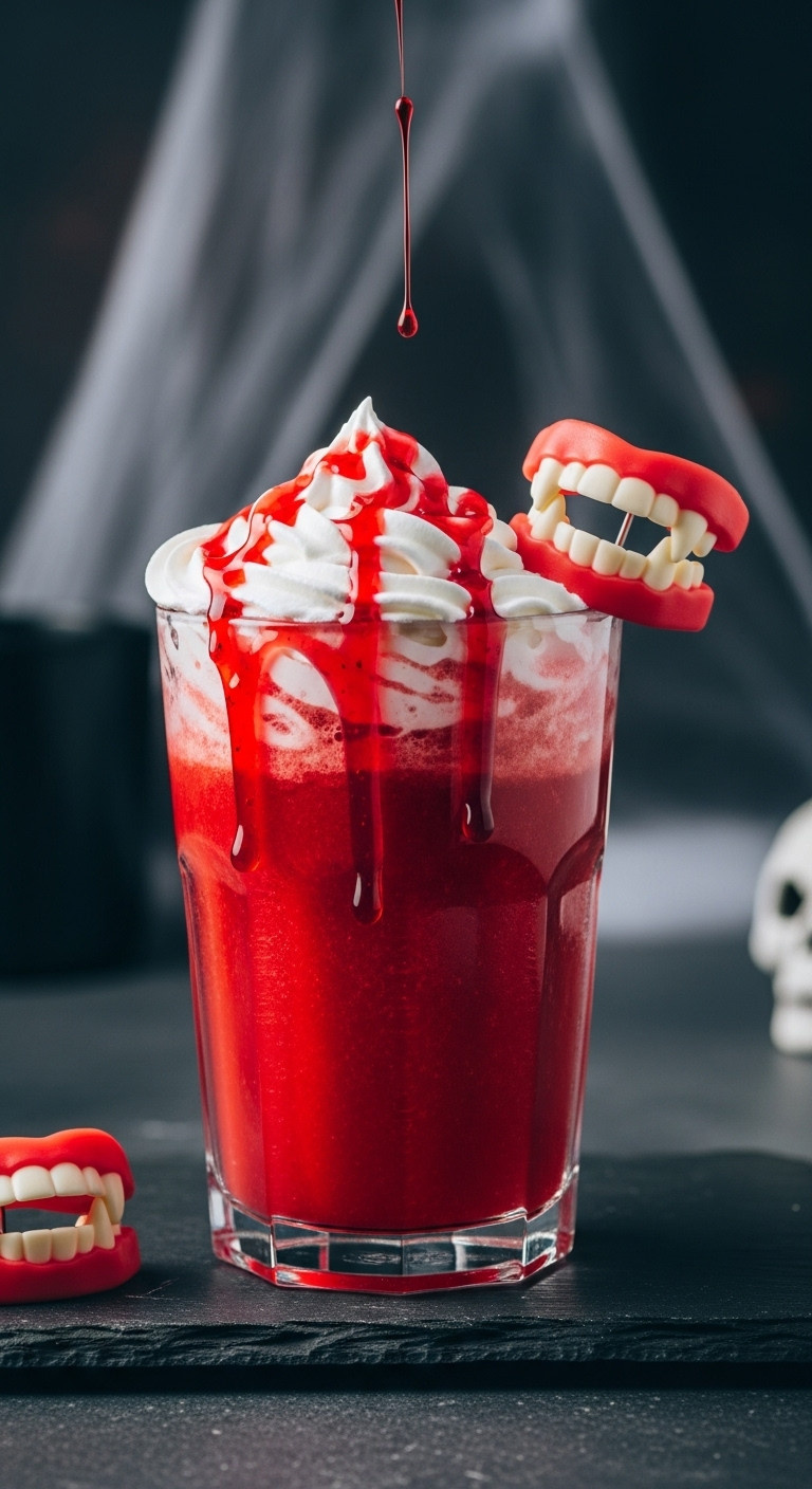 Hyperrealistic Halloween Vampire Blood Drink With Gummy Teeth And Strawberry Syrup Drizzle