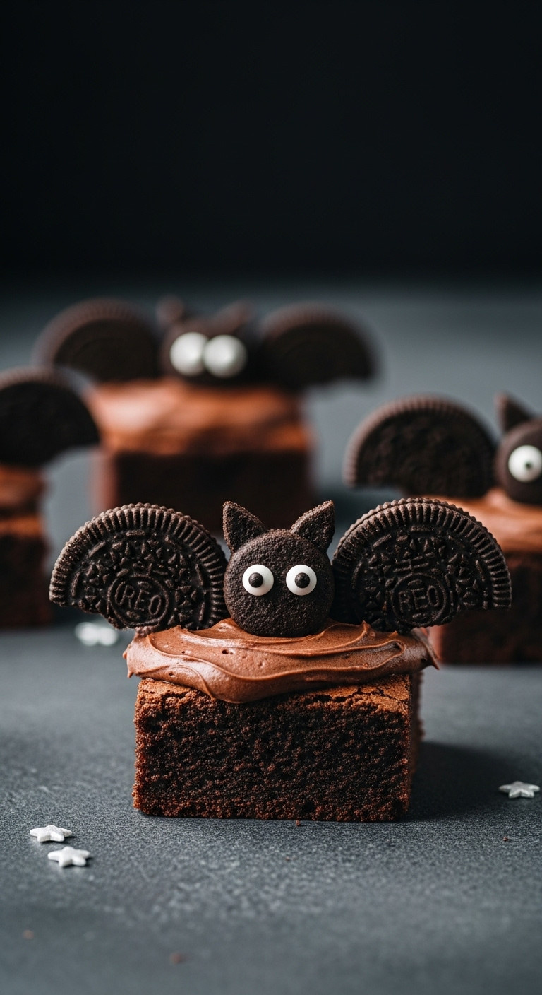 Hyperrealistic Halloween Bat Brownie With Chocolate Frosting Cookie Wings And Candy Eyeballs On Dark Grey Surface In Dramatic Side Lighting