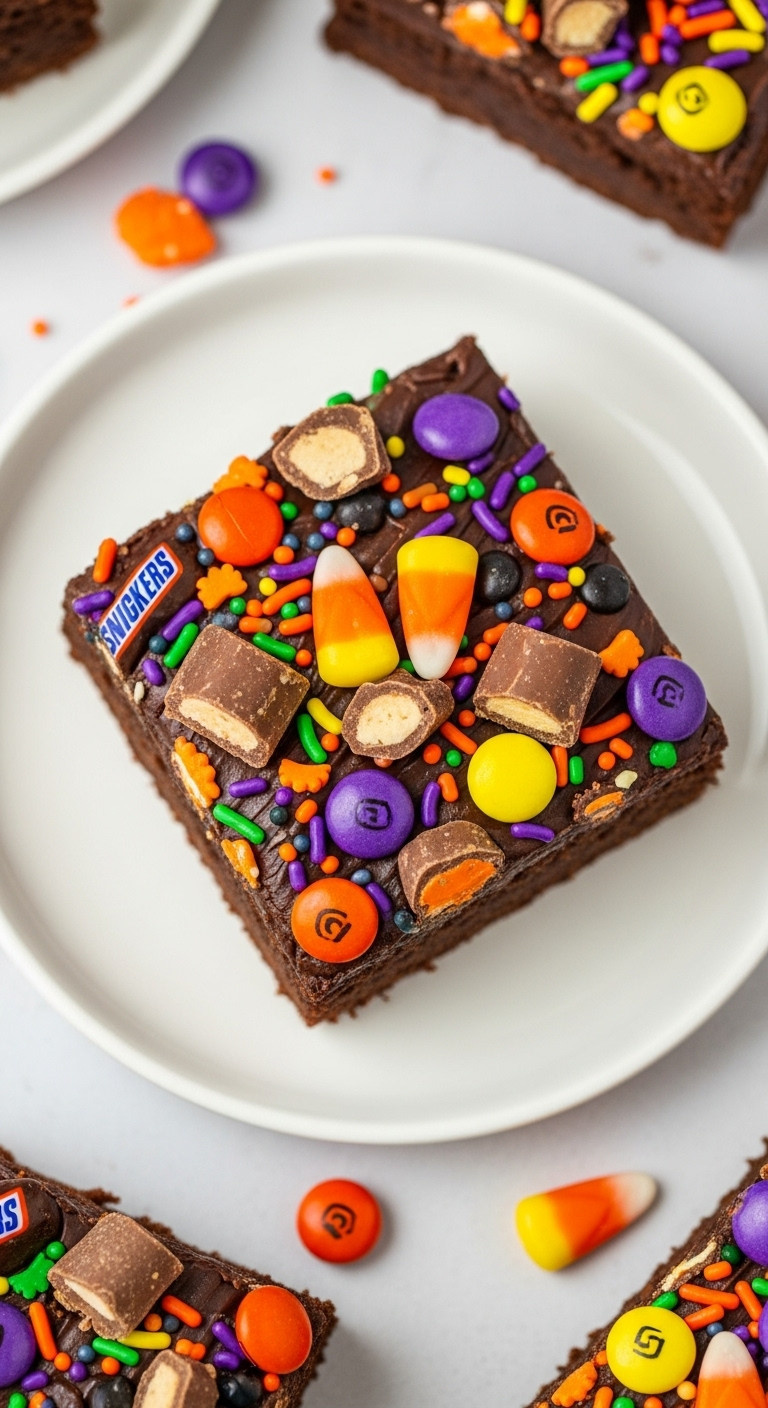 Hyperrealistic Halloween Candy Topped Brownie With Chocolate Glaze And Colorful Candies On White Plate In Bright Airy Daylight