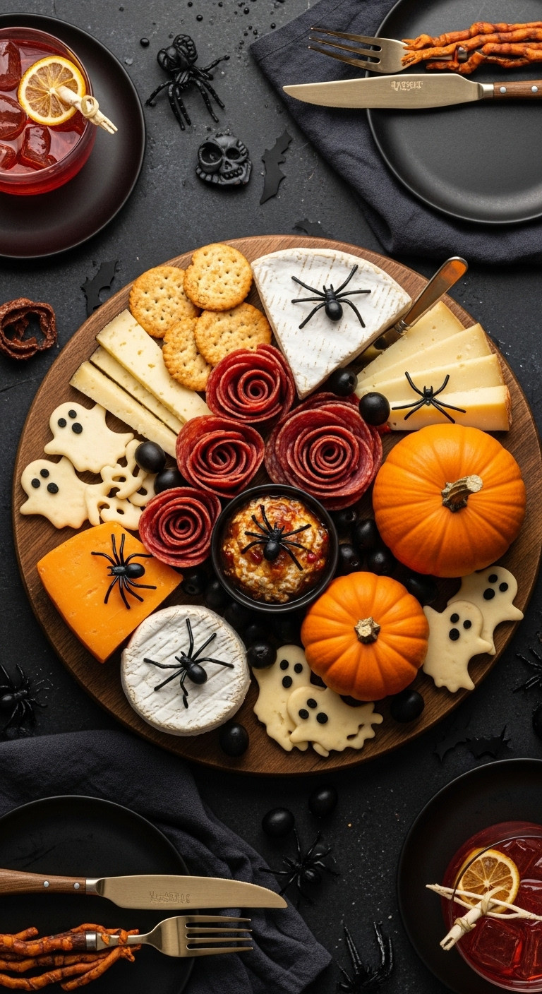 Hyperrealistic Halloween Char-Spookery Board With Ghost Crackers, Salami Roses, And Pumpkin Cheeseball On Rustic Wood Board