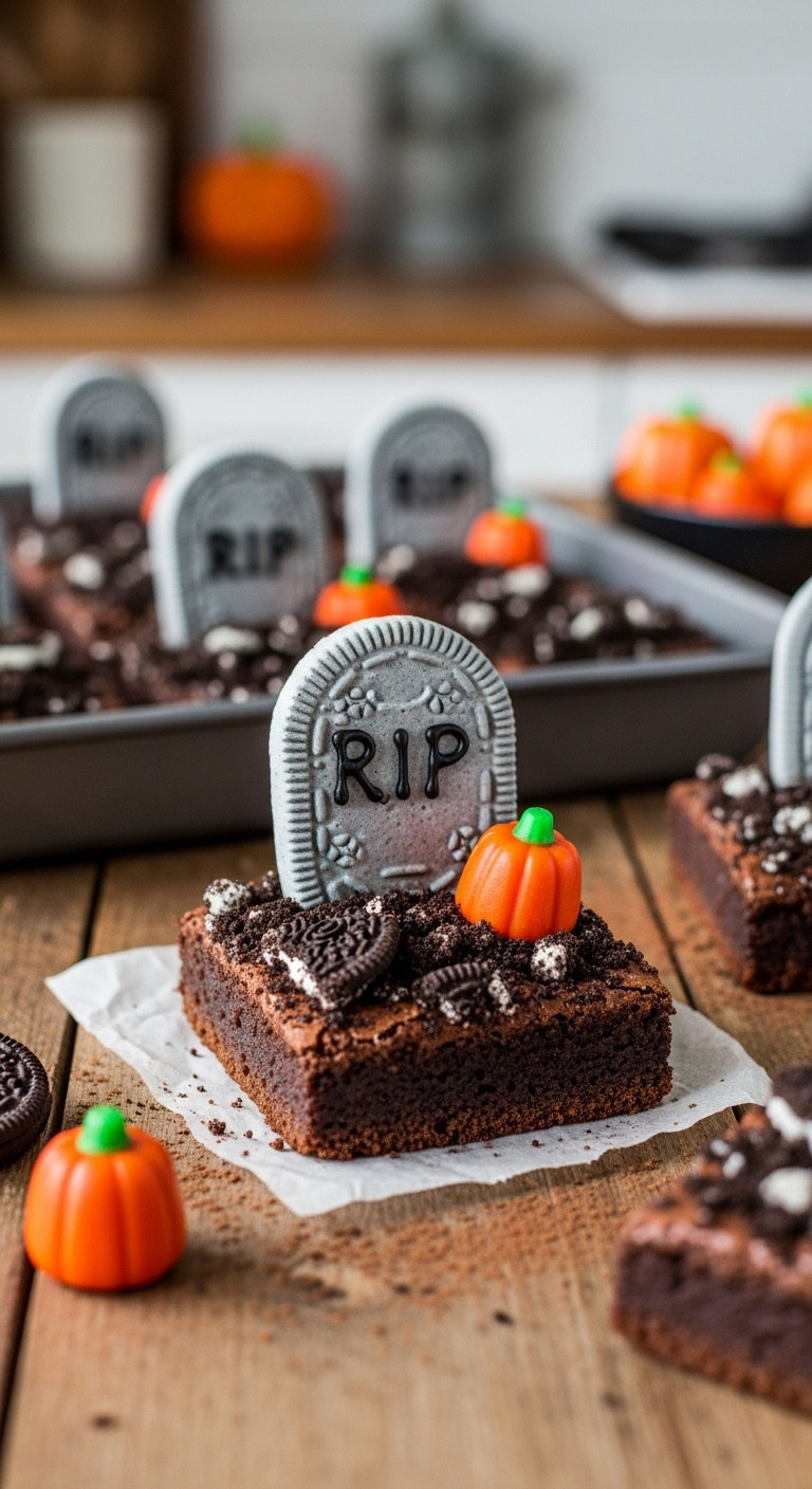 Hyperrealistic Halloween Graveyard Brownie With Oreo Dirt Milano Headstone And Candy Pumpkin On Rustic Wood Table In Soft Natural Light