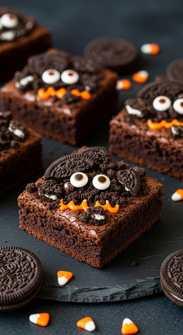 Hyperrealistic Halloween Monster Eye Brownie With Crumbled Orange Oreos And Candy Googly Eyes On Dark Slate Surface In Warm Golden Hour Light