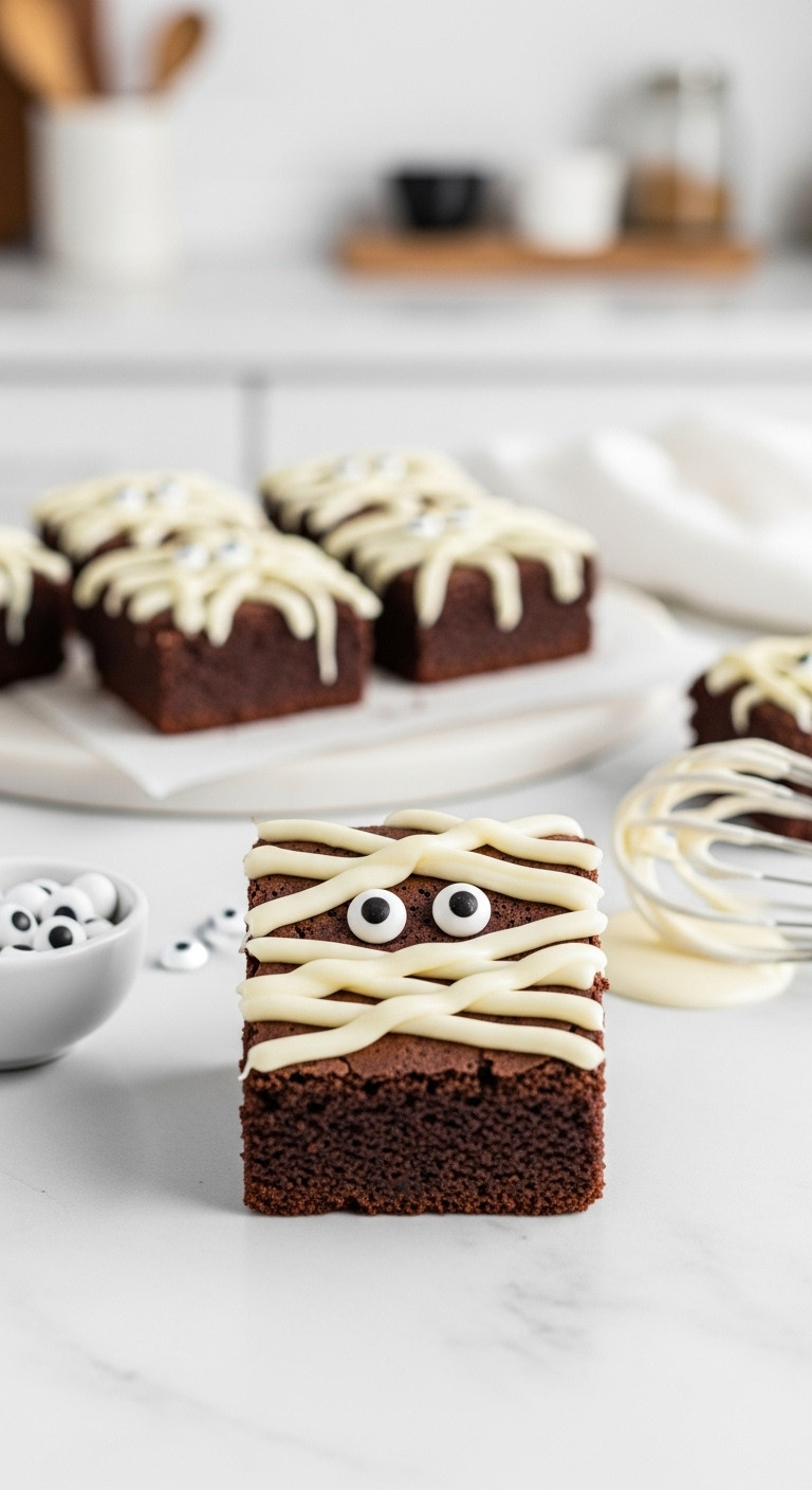 Hyperrealistic Halloween Mummy Brownie With White Chocolate Bandages And Candy Eyeballs On White Marble Countertop In Bright Airy Daylight