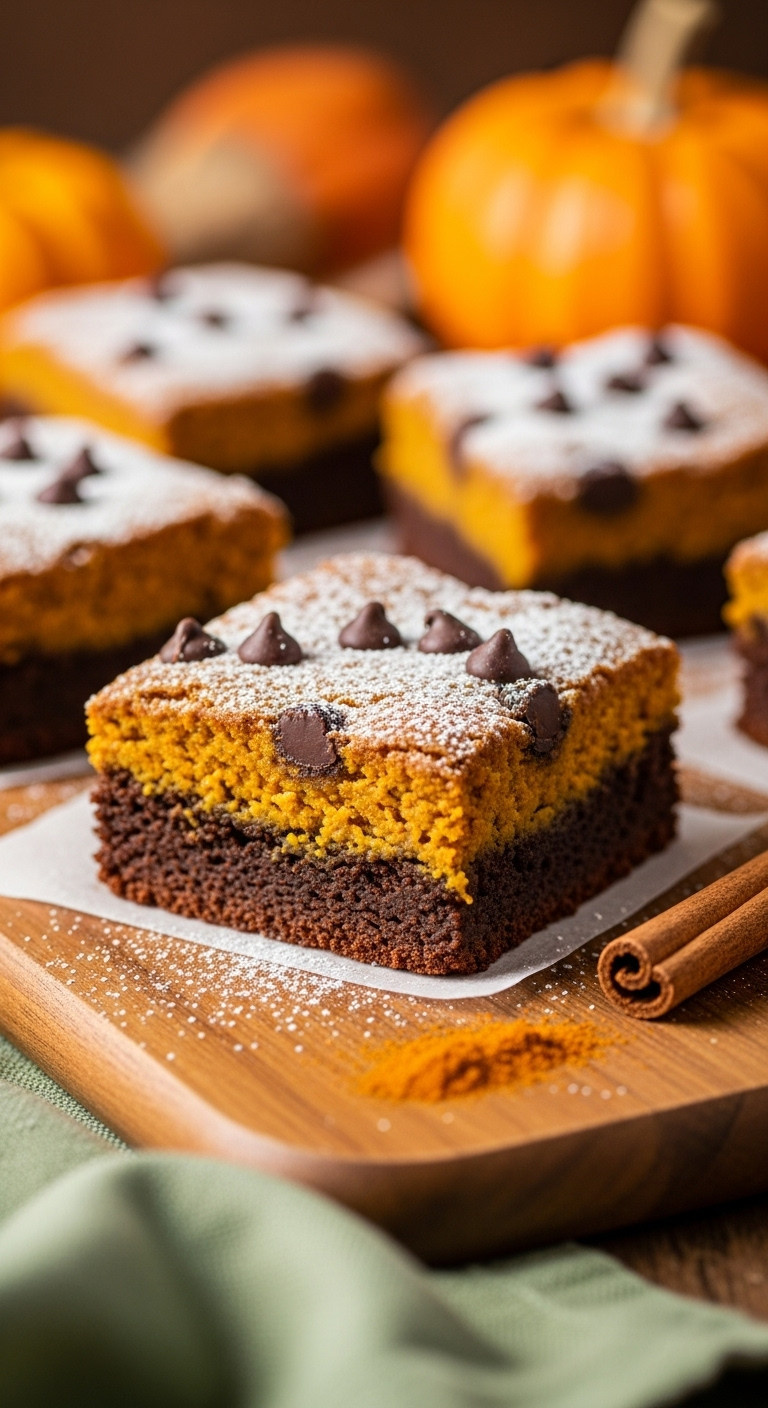 Hyperrealistic Halloween Pumpkin Brownie With Powdered Sugar And Chocolate Chips On Rustic Wooden Board In Warm Homey Light