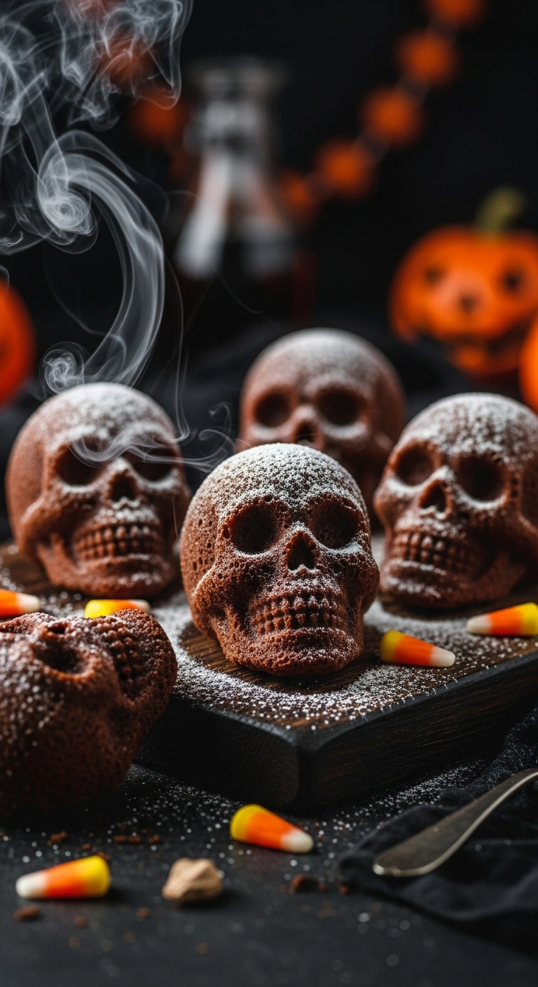 Hyperrealistic Halloween Skull Cakes With Powdered Sugar On A Dark Wooden Board With Theatrical Smoke And Candy Corns