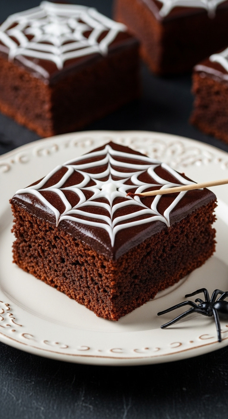 Hyperrealistic Halloween Spider Web Brownie With White Icing On Vintage Ceramic Plate With Plastic Spider In Dramatic Side Lighting