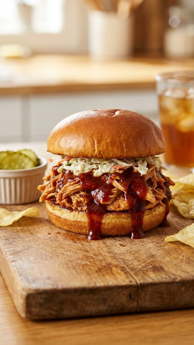 Hyperrealistic Instant Pot Bbq Pulled Chicken Sandwich With Glossy Sauce, Coleslaw, Brioche Bun, Pickles, And Potato Chips.