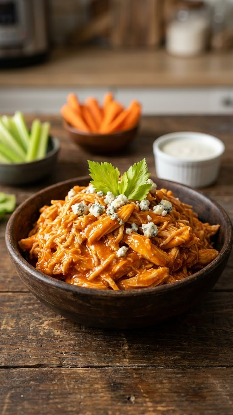 Hyperrealistic Instant Pot Buffalo Shredded Chicken With Blue Cheese, Celery, Ranch Dressing, And Carrots On A Dark Wooden Table.
