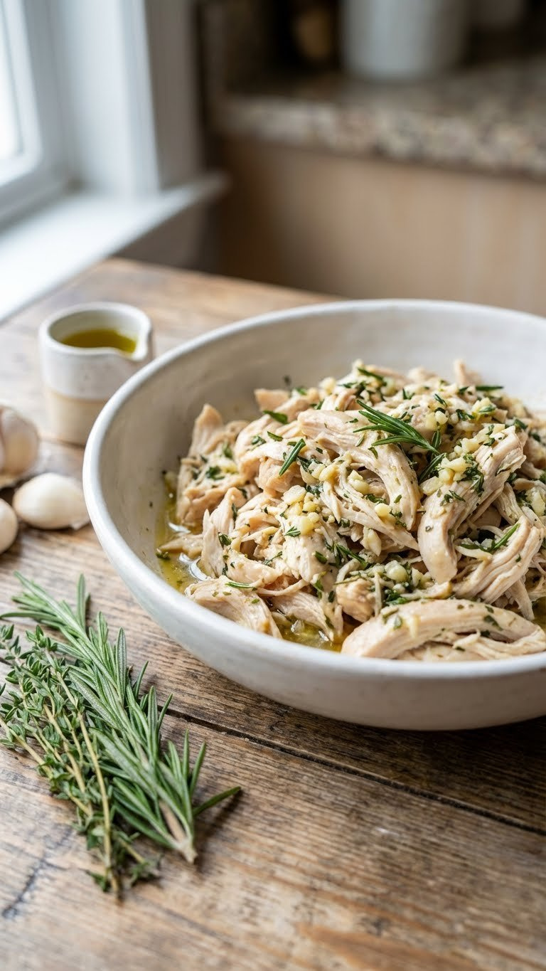 Hyperrealistic Instant Pot Garlic Herb Shredded Chicken With Green Herbs, Minced Garlic, Rosemary, Thyme, And Olive Oil Drizzle.