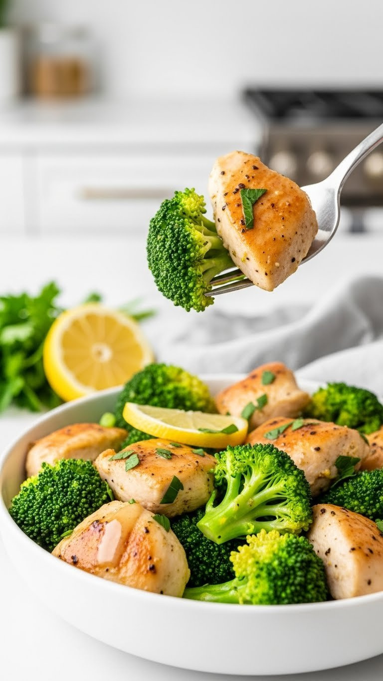 Hyperrealistic Instant Pot Lemon Herb Chicken And Vibrant Broccoli Florets In A White Bowl With Fresh Parsley And Lemon Wedge.