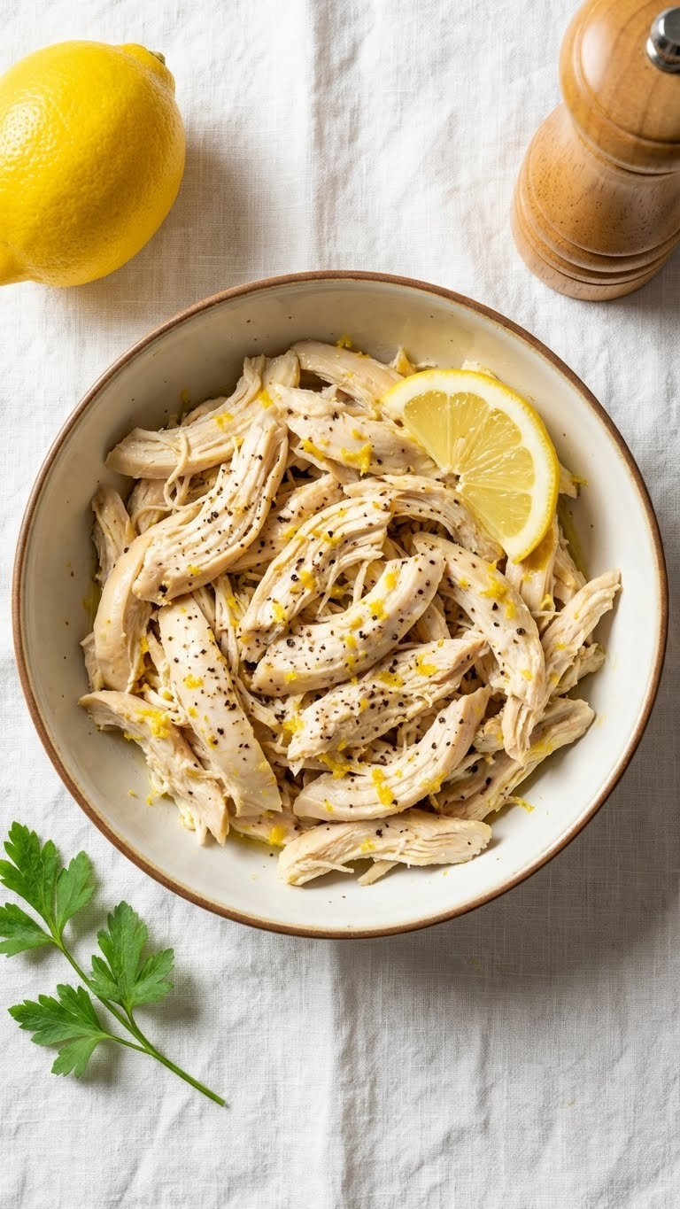 Hyperrealistic Instant Pot Lemon Pepper Shredded Chicken With Lemon Slice, Black Pepper, Zest, A Whole Lemon, And Parsley.