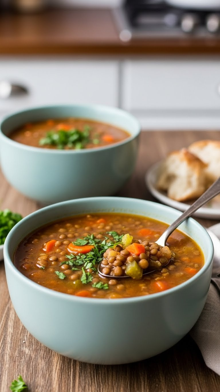 Hyperrealistic Instant Pot Lentil Soup Garnished With Fresh Parsley, Carrots, And Celery In A Rustic Bowl On A Wooden Table With A Spoon And Bread.