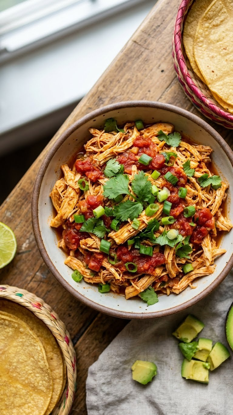 Hyperrealistic Instant Pot Shredded Taco Chicken With Red Salsa, Cilantro, Corn Tortillas, Lime, And Avocado On A Rustic Wooden Table.
