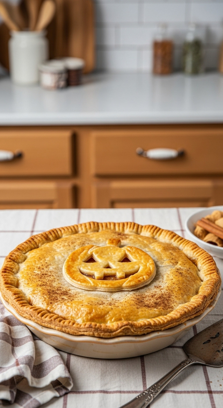 Hyperrealistic Jack-O'-Lantern Pie With Flaky Crust And Pumpkin Face On Vintage Ceramic Dish In A Cozy Kitchen