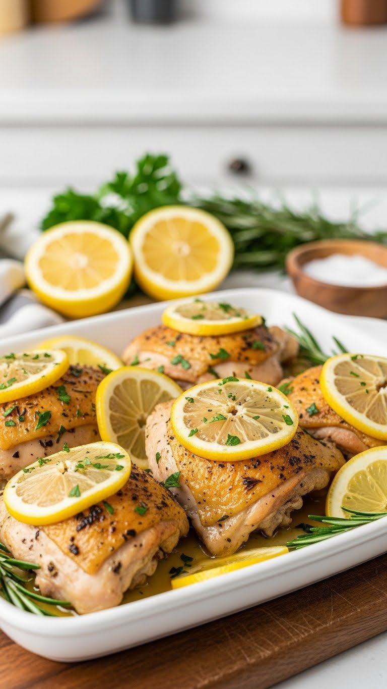 Hyperrealistic Lemon Herb Chicken Thighs And Drumsticks Glistening With Lemon, Fresh Parsley, And Rosemary On A White Platter.