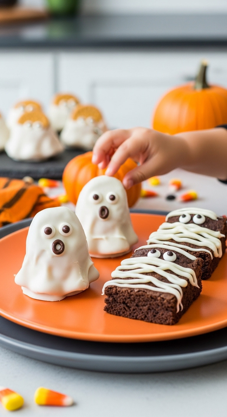 Hyperrealistic Nutter Butter Ghosts And Mummy Brownie On Orange Plate With Child's Hand Reaching For A Treat, Blurred Kitchen Counter Background