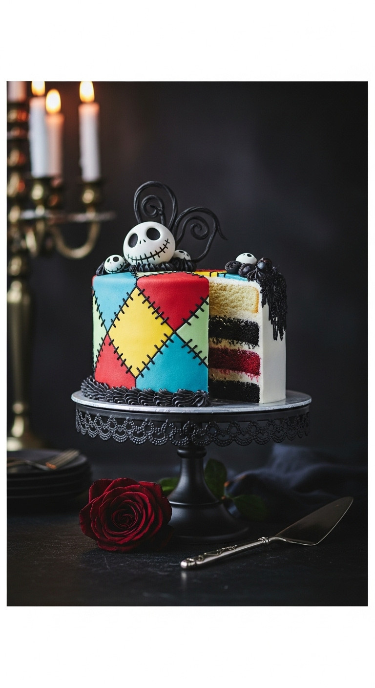 Hyperrealistic Sallys Patchwork Cake On Gothic Black Cake Stand With Black Rose In Dark, Elegant Room