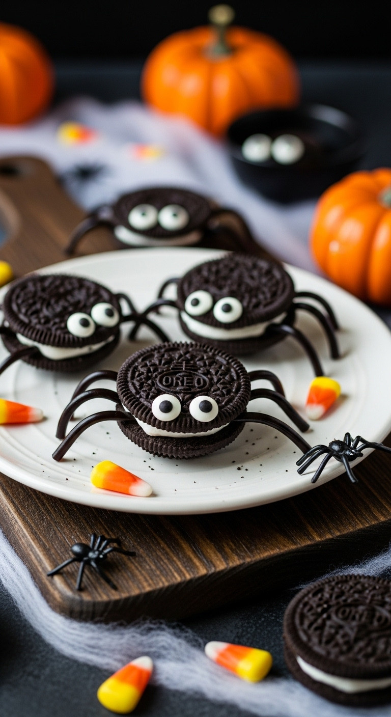 Hyperrealistic Spooky Spider Oreo Bites On A Halloween-Themed Plate With Chocolate Cookies, Edible Googly Eyes, And Dark Licorice Legs. Festive Party Dessert.