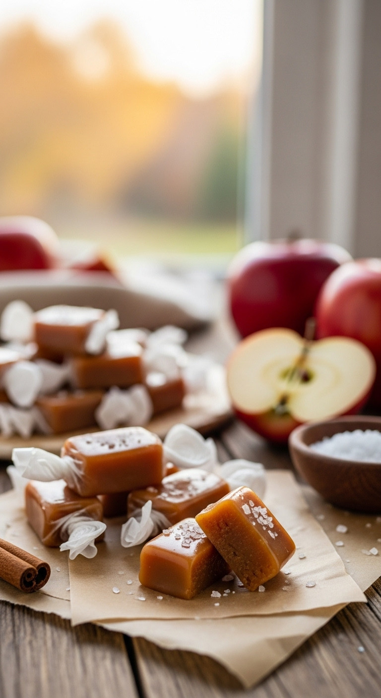 Hyperrealistic Apple Cider Caramels With Sea Salt On Parchment Paper On A Rustic Wooden Table With Apples And Cinnamon