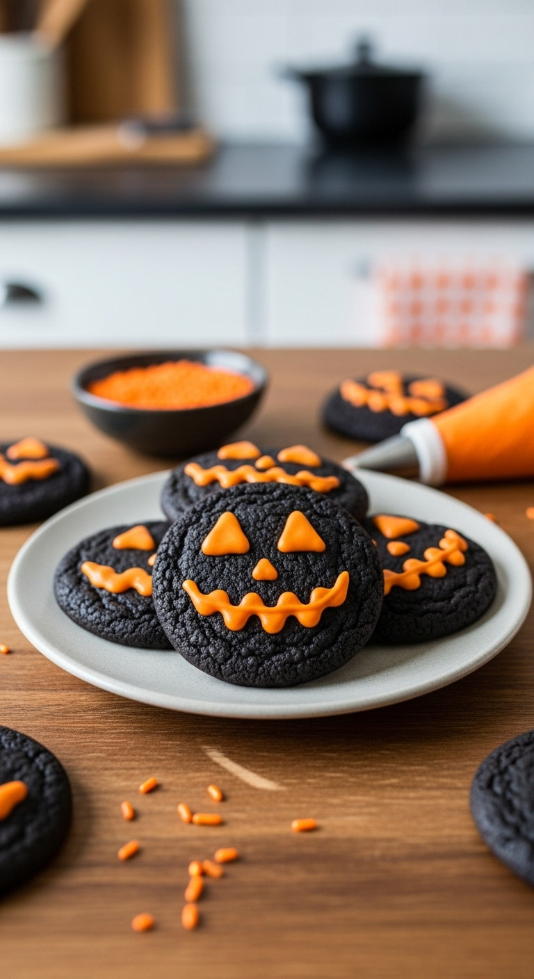 Hyperrealistic Black Cocoa Halloween Cookies With Orange Jack-O'-Lantern Faces On A Rustic Wooden Table With Sprinkles