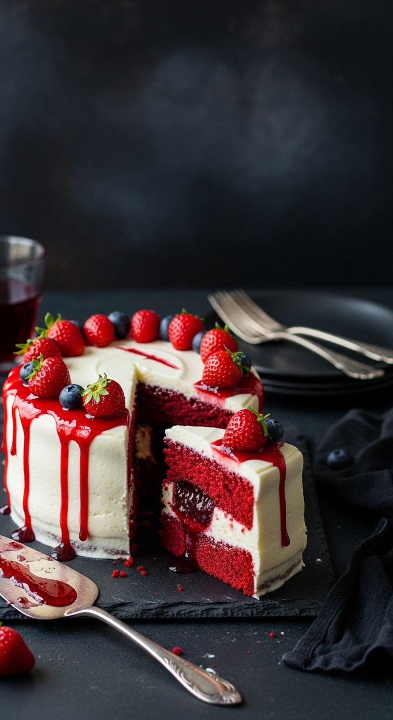 Hyperrealistic Bleeding Red Velvet Cake With Cream Cheese Frosting And Strawberry Jam On Dark Slate Board With Vintage Silver Server