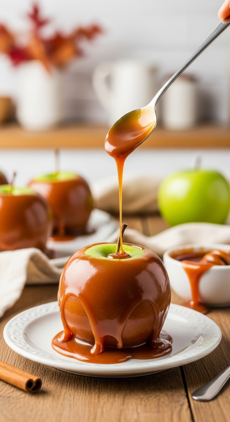 Hyperrealistic Caramel Apple With Glossy Golden-Brown Coating, Green Apple, Cinnamon Stick On Rustic Wood, Autumn Kitchen Backdrop.